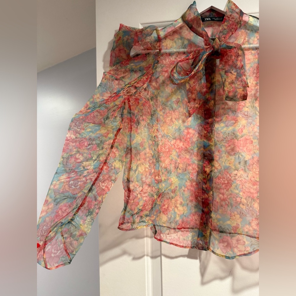 Zara Sheer Floral Blouse - Red and Blue - Picture 3 of 5
